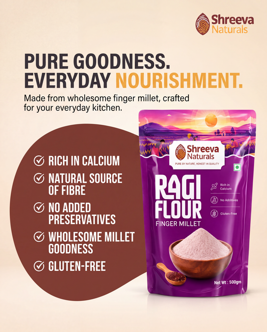 Shreeva Naturals Ragi Flour (Finger Millet Flour) – 500g x 2 (1 kg, Pack of 2) | Gluten Free | Rich in Calcium & Fiber | 100% Natural Millet Flour