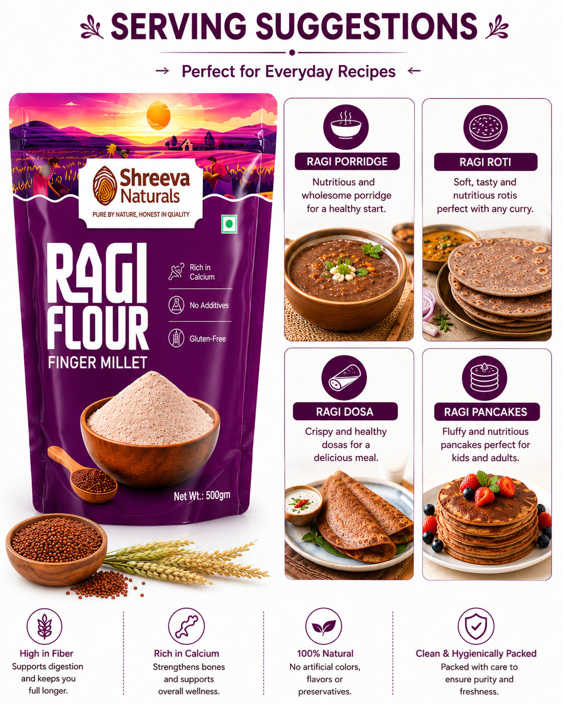Shreeva Naturals Ragi Flour (Finger Millet Flour) – 500g x 6 (3kg, Pack of 6) | Gluten Free | Rich in Calcium & Fiber | 100% Natural Millet Flour