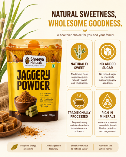 Shreeva Naturals Jaggery Powder – 500g x 2 (1kg, Pack of 2) | Natural Sweetener | Chemical Free | Traditionally Processed Gud Powder