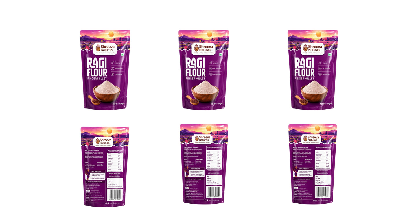 Shreeva Naturals Ragi Flour (Finger Millet Flour) – 500g x 6 (3kg, Pack of 6) | Gluten Free | Rich in Calcium & Fiber | 100% Natural Millet Flour