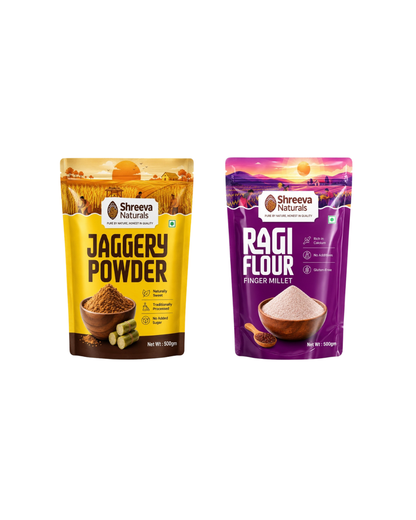 Shreeva Naturals Healthy Combo – (1kg Combo Pack) Ragi Flour 500g + Jaggery Powder 500g | Natural, Gluten Free & Chemical Free | Healthy Everyday Essentials