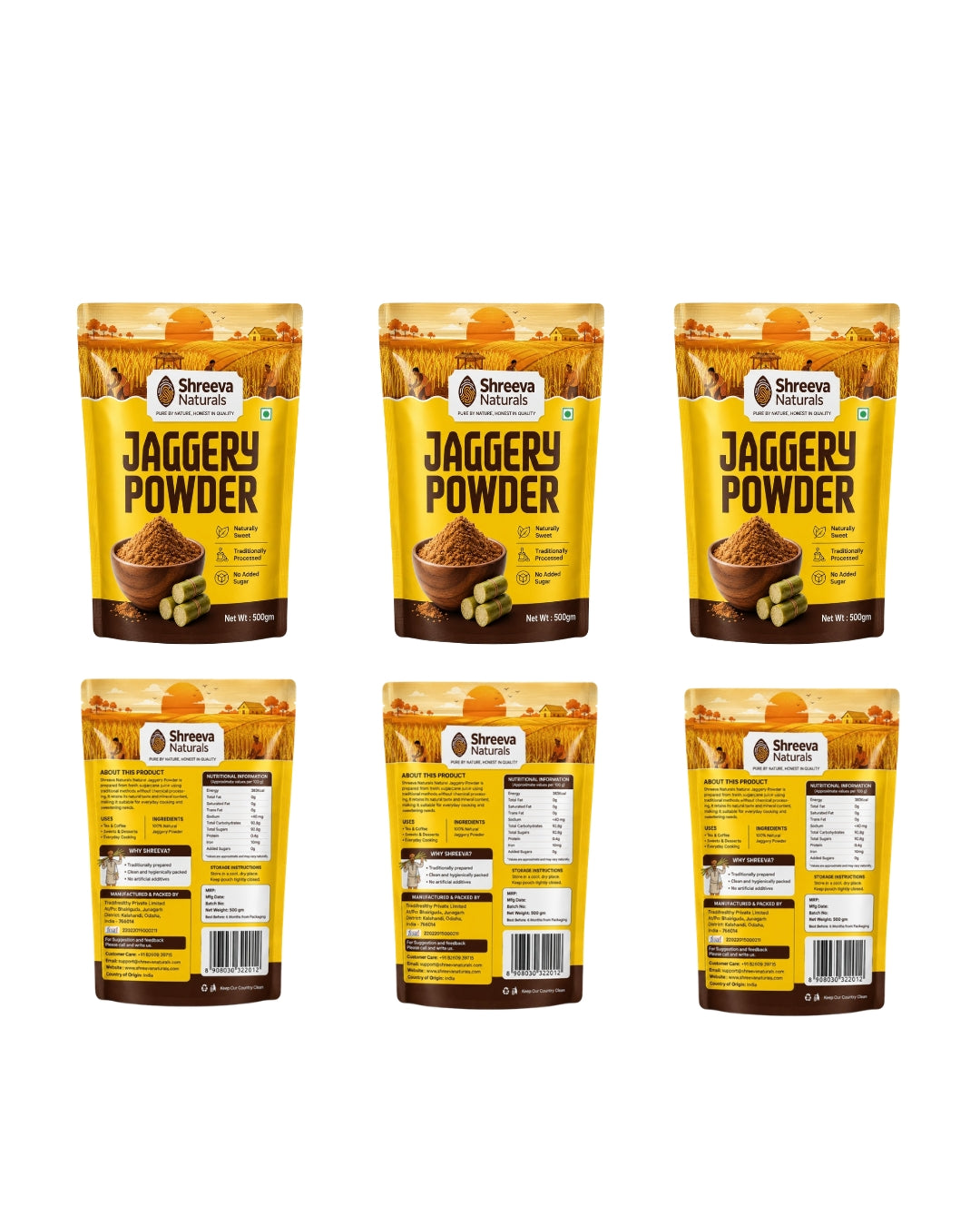 Shreeva Naturals Jaggery Powder – 500g x 6 (3kg, Pack of 6) | Natural Sweetener | Chemical Free | Traditionally Processed Gud Powder