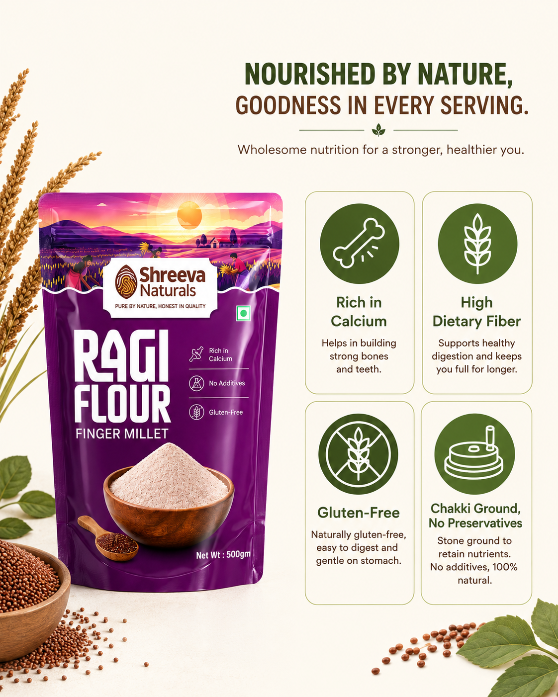 Shreeva Naturals Ragi Flour (Finger Millet Flour) – 500g x 6 (3kg, Pack of 6) | Gluten Free | Rich in Calcium & Fiber | 100% Natural Millet Flour