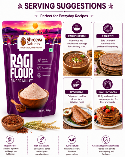 Shreeva Naturals Ragi Flour (Finger Millet Flour) – 500g | Gluten Free | Rich in Calcium | Natural Millet Flour