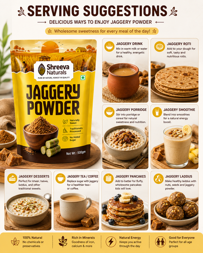 Shreeva Naturals Jaggery Powder – 500g | Natural Sweetener | Chemical Free | Traditionally Processed Gud Powder