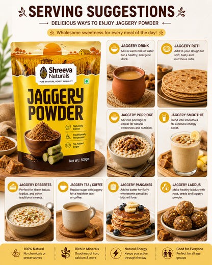 Shreeva Naturals Jaggery Powder – 500g x 2 (1kg, Pack of 2) | Natural Sweetener | Chemical Free | Traditionally Processed Gud Powder