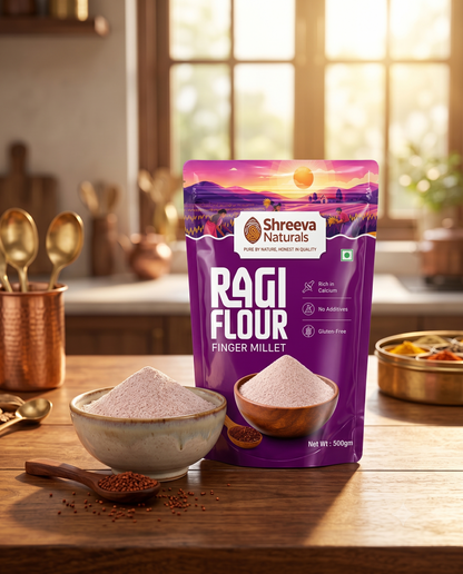 Shreeva Naturals Ragi Flour (Finger Millet Flour) – 500g x 2 (1 kg, Pack of 2) | Gluten Free | Rich in Calcium & Fiber | 100% Natural Millet Flour