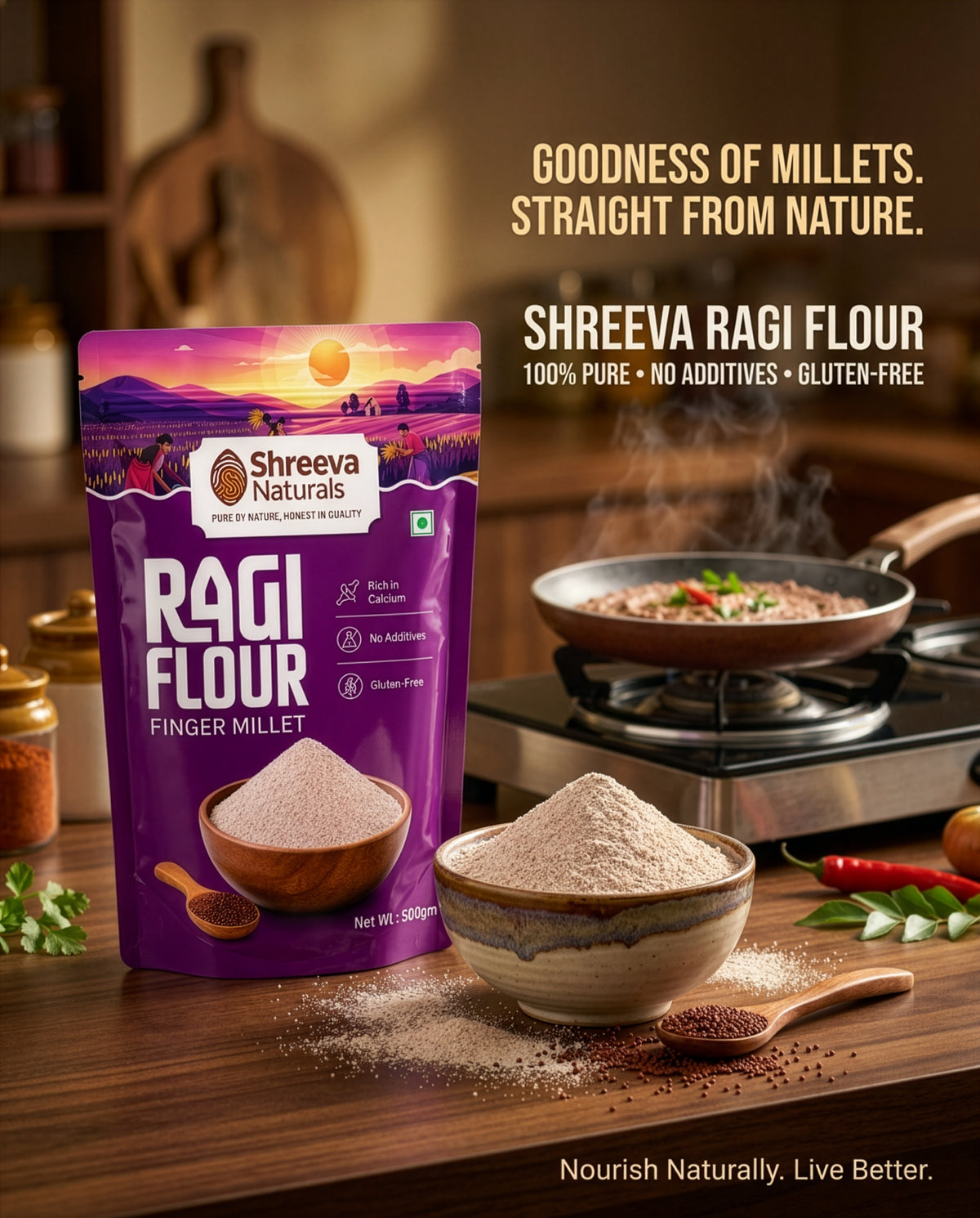 Shreeva Naturals Ragi Flour (Finger Millet Flour) – 500g x 2 (1 kg, Pack of 2) | Gluten Free | Rich in Calcium & Fiber | 100% Natural Millet Flour