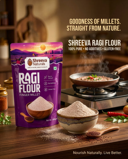 Shreeva Naturals Ragi Flour (Finger Millet Flour) – 500g x 2 (1 kg, Pack of 2) | Gluten Free | Rich in Calcium & Fiber | 100% Natural Millet Flour