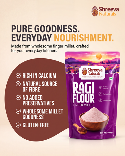 Shreeva Naturals Ragi Flour (Finger Millet Flour) – 500g x 2 (1 kg, Pack of 2) | Gluten Free | Rich in Calcium & Fiber | 100% Natural Millet Flour