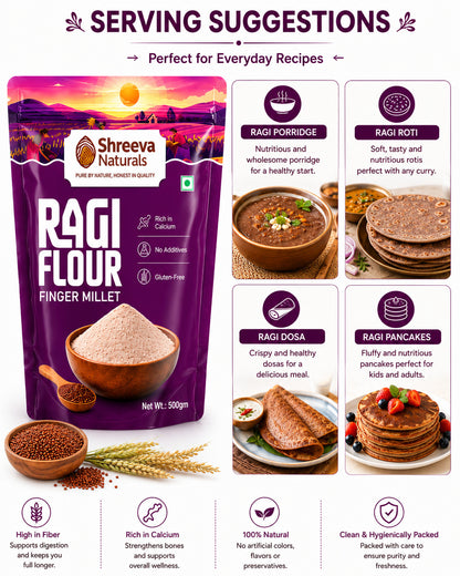 Shreeva Naturals Ragi Flour (Finger Millet Flour) – 500g x 6 (3kg, Pack of 6) | Gluten Free | Rich in Calcium & Fiber | 100% Natural Millet Flour