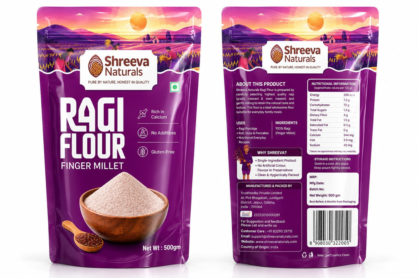 Shreeva Naturals Ragi Flour (Finger Millet Flour) – 500g | Gluten Free | Rich in Calcium | Natural Millet Flour