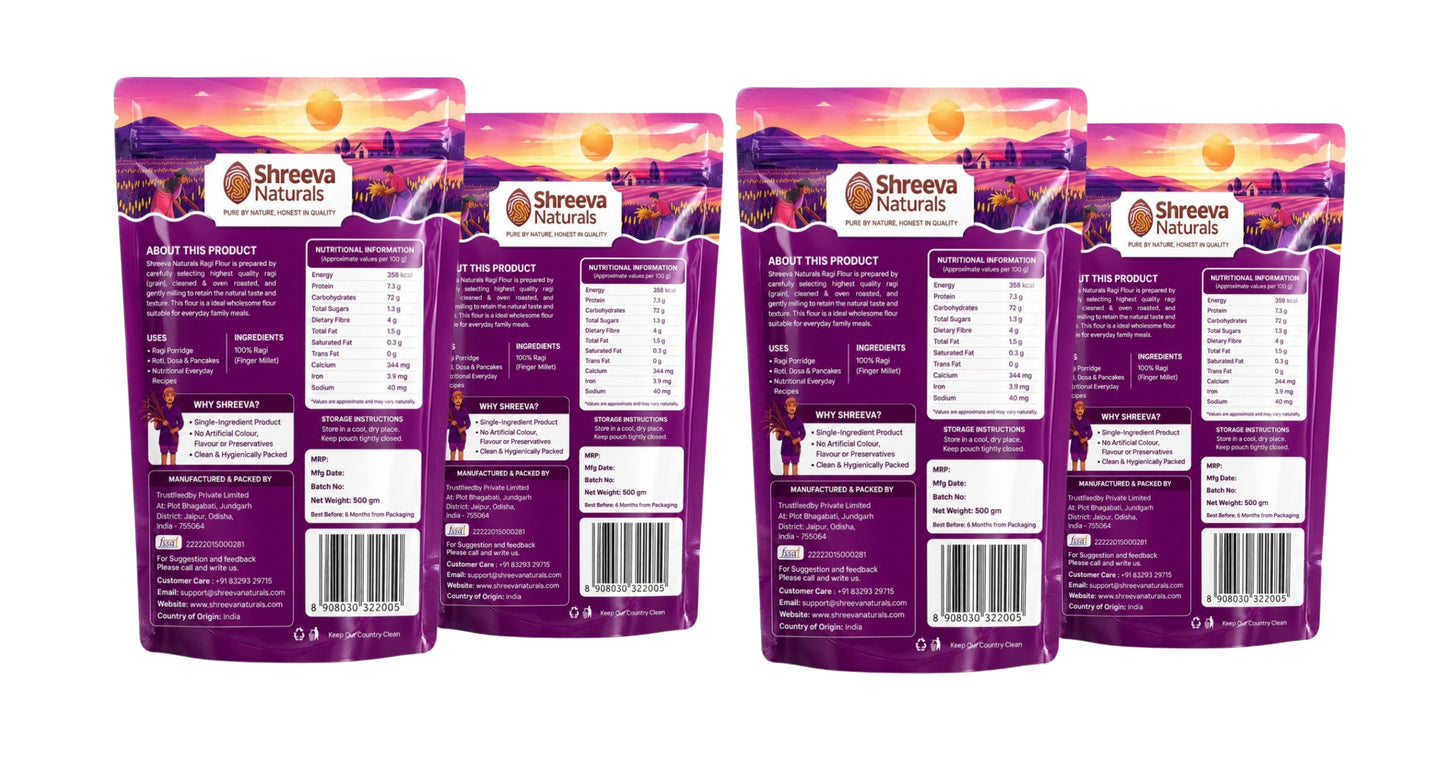 Shreeva Naturals Ragi Flour (Finger Millet Flour) – 500g x 4 (2kg, Pack of 4) | Gluten Free | Rich in Calcium & Fiber | 100% Natural Millet Flour